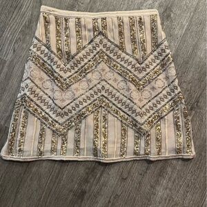 Anthropologie Ivory Mini Skirt with Gold Sequin Chevron